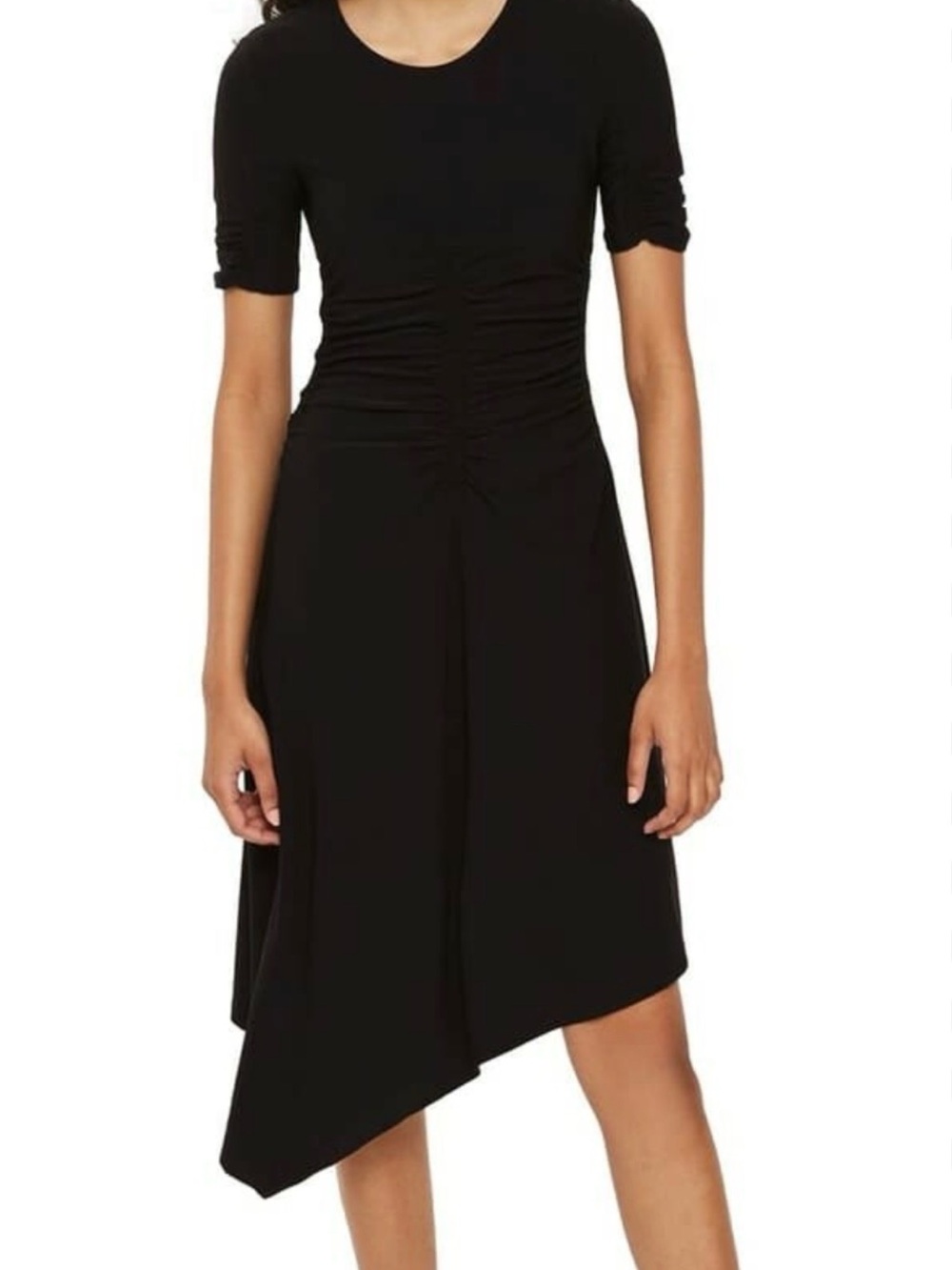 Topshop Black Short-Sleeve Ruched Waist Asymmetric Dress